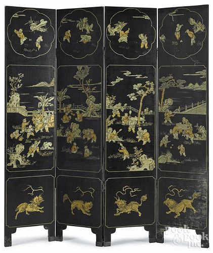 Chinese black lacquer four-part folding screen, late 19th c., 72 1/4'' h., 64'' w.