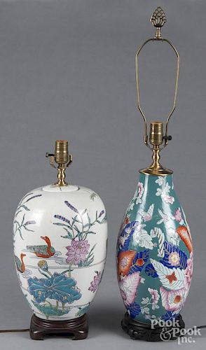 Two reproduction Chinese export table lamps, 13'' h. and 12'' h.