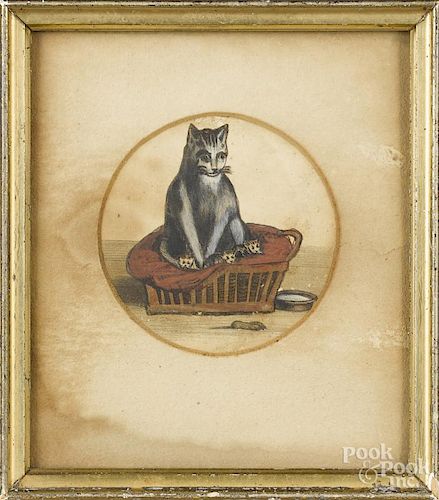Watercolor and cut paper of a cat in a basket, late 19th c., 4'' dia.