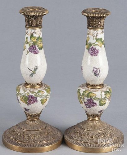 Pair of contemporary Chinese porcelain and brass candlesticks, 13 1/2'' h.