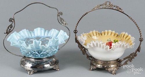 Two silver plate and brass bride's baskets, late 19th c., 11 1/2'' h. and 11'' h.