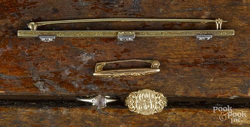 14K yellow gold bar pin with chased decoration and three Old Mine cut diamonds, approx. .15 ct