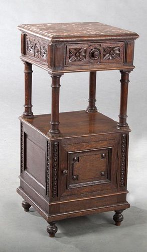 French Henri II Style Carved Oak Marble Top Nights