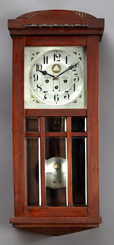 French Arts and Crafts Carved Walnut Wall Clock, c