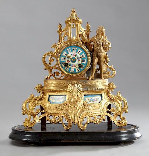 Gilt Spelter and Porcelain Figural Mantel Clock, 1