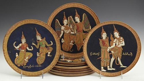 Group of Seven Thai Painted Circular Mahogany Plaq