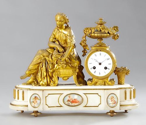 Gilt Spelter and Alabaster Figural Mantel Clock, 1