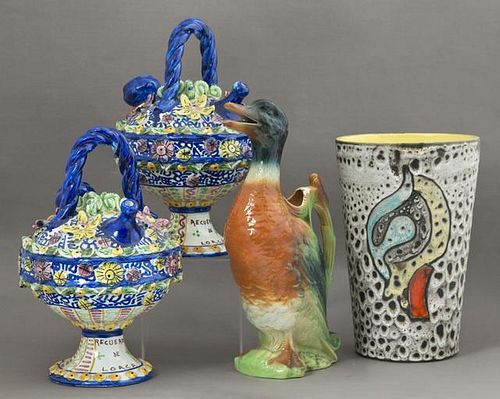 Group of Four Pieces of French Majolica, 20th c.,