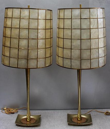 Midcentury Pair of Brass Laurel Lamps with Mother