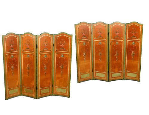 PAIR OF FOUR PANEL PAINTED CANVAS SCREENS
