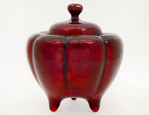 RED FISH SCALE CLOISONNE ENAMEL JAR AND COVER