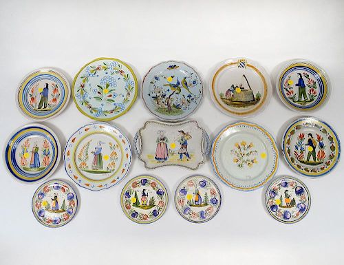 GROUP OF FIFTEEN QUIMPER & QUIMPER STYLE FAIENCE PLATES