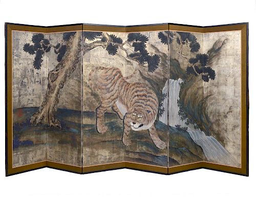 SIX PANEL SILVERED PAPER "TIGER" SCREEN