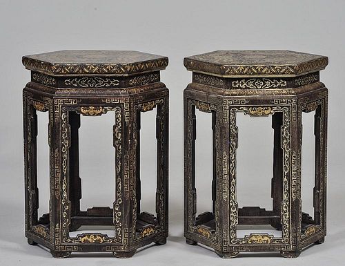 PAIR OF BLACK AND GILT LACQUERED SIDE TABLES