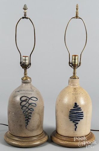 Two stoneware jug table lamps, 19th c., impressed N A. White & Son Utica N.Y.