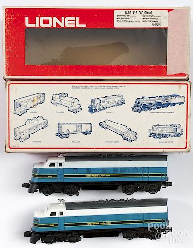 Two Lionel B & O F-3 A diesel train engines, O gauge, with their original boxes.