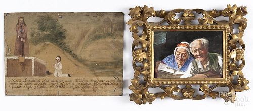 Italian painted porcelain plaque of an elderly couple, 4'' x 5 3/4'', together with an oil on tin