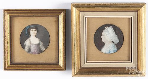Two miniature watercolor on ivory portraits, early/mid 19th c., 2'' dia.