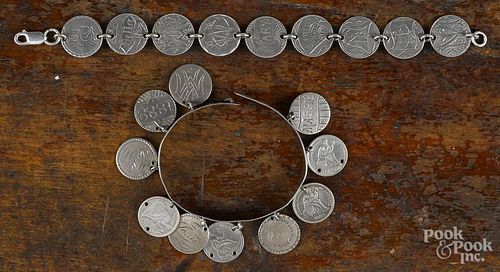 Victorian sterling silver love token bangle bracelet with ten engraved silver disks and coins