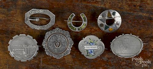 Silver brooches, to include three Victorian sterling souvenir pins, two Scottish agate pins
