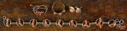Assembled set of coral jewelry, to include a gold-filled bracelet with branch coral accents, 7'' l.