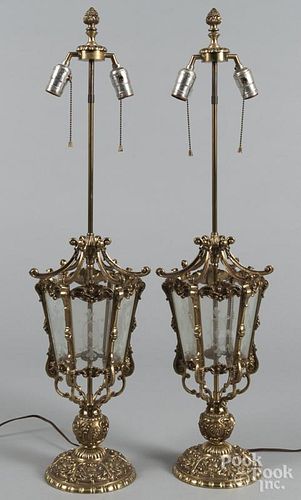 Pair of brass table lamps with etched glass panels, 34 1/2'' h.