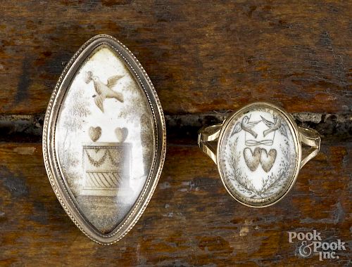 Yellow gold mourning ring, 10K gold, set with a hand painted scene of two doves, two hearts
