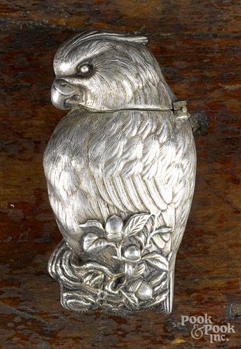 Nickel-plated parrot match vesta safe, ca. 1900, 2 1/2'' l.