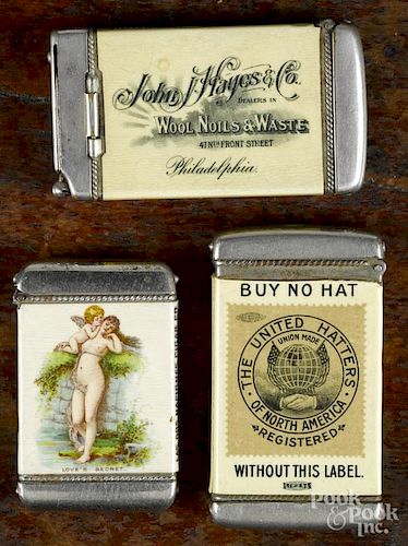 Three celluloid advertising match vesta safes, ca. 1900, to include Las Dos Naciones Cigar Co.
