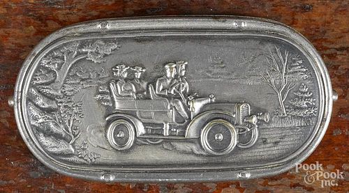 Embossed nickel-plated match vesta safe, ca. 1900, with touring car, the verso with advertising