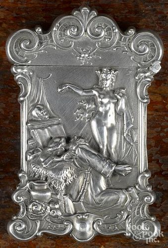 Sterling silver match vesta safe, ca. 1900, with a heavily embossed scene of a nude woman