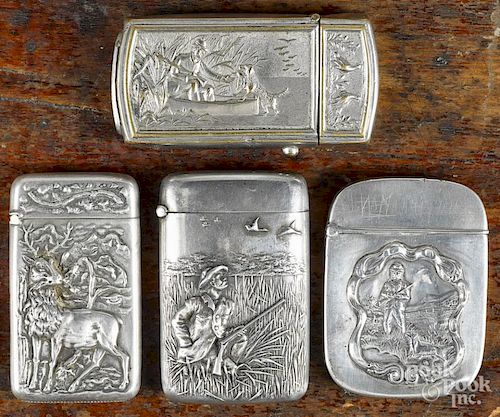 Three sterling silver match vesta safes, ca. 1900, with hunting scenes