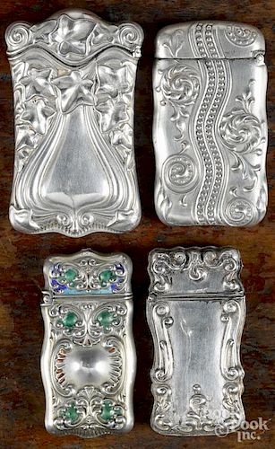 Four sterling silver match vesta safes, ca. 1900, largest - 2 5/8'' l.
