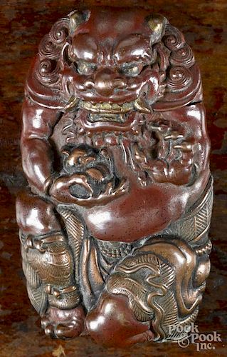 Japanese brass and copper ''Oni'' match vesta safe, ca. 1900, 2 3/8'' l.