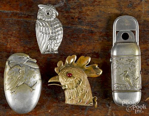 Four figural match vesta safes, ca. 1900, to include a rooster, an owl, a bird hatching from an egg