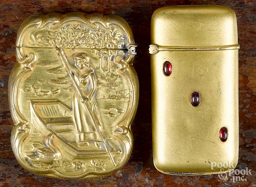 Gold-filled embossed match vesta safe, ca. 1900, with a woman poling a boat next to a swan