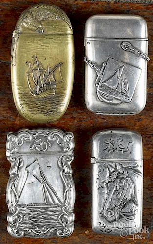 Two sterling silver embossed sailboat match vesta safes, ca. 1900, together with a brass example