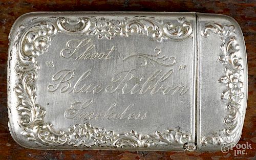 German silver advertising match vesta safe, ca. 1900, inscribed Compliments of The Hazard Powder Co