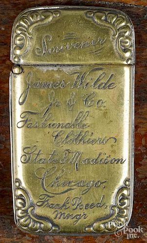 Brass advertising match vesta safe, ca. 1900, inscribed Souvenir - James Wilde Jr. & Co.