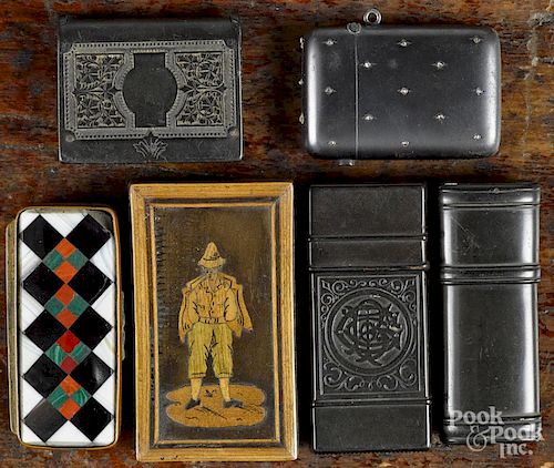 Six miscellaneous match vesta safes, ca. 1900, to include three gutta percha examples