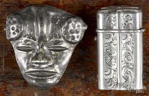 Silver-plate face match vesta safe, ca. 1900, 2 3/8'' h., together with a coin silver example