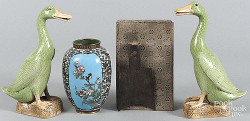 Chinese bronze spade money, together with a pair of pottery ducks, 11 1/2'' h., and a cloisonné vase.