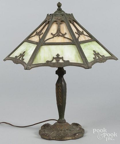 Gilt metal and slag glass table lamp, early 20th c., 20'' h., 14 3/4'' dia.