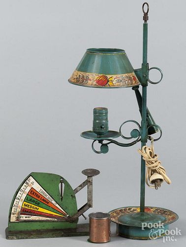Reproduction painted tin lamp, 20'' h., together with a Jiffy Way scale and a copper mug.