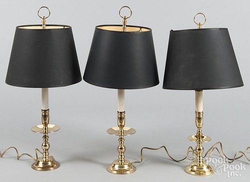 Three Baldwin brass candlestick table lamps, 22'' h.