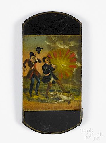 English painted papier-mâché cigar case, 19th c., depicting a gentleman misfiring a gun, 5 1/2'' h.