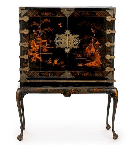 E. 19th C. Polychrome & Gilt Japanned Cabinet on Stand