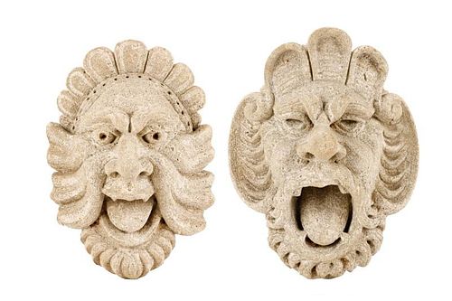 Two Cast Stone Bacchic Mask Wall Fountains