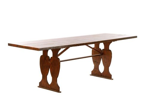 Long Stained Pine Wood Trestle Table, 20th C.