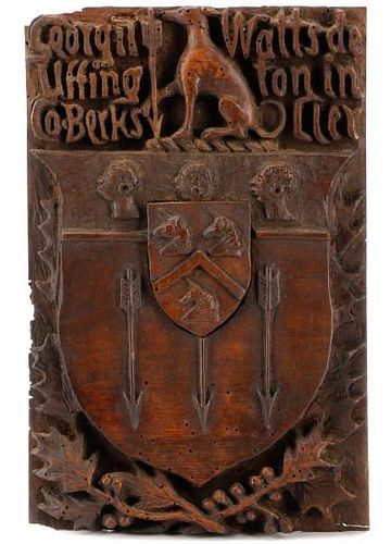 Watts Clan Carved Wood Coat of Arms, 19th C.
